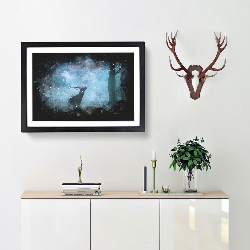 Deer Stag In A Blue Forest Paint Splash - Picture Frame Graphic Art, 33cm H x 45cm W x 2cm D, Black Framed
