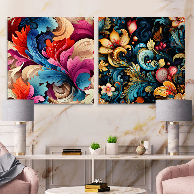 Motif de cachemire rétro - ensemble de 2 verres muraux abstraits en acrylique, H 36 po x l 73 po