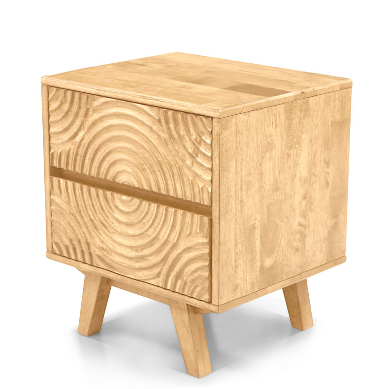 Table de chevet moderne en bois massif à 2 tiroirs avec façade sculptée, Chêne