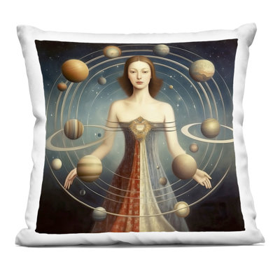 Galactic Orbits Woman Decorative Printed Throw Pillow, design by Sasha