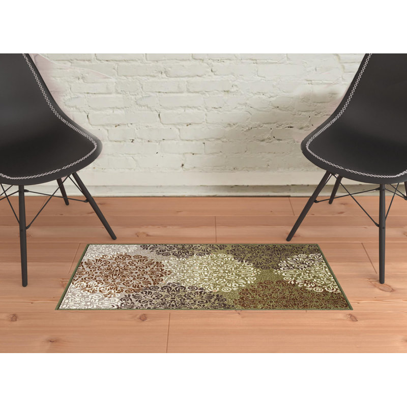 Cellie Green and Brown Floral Medallion Power Loom Non Skid Runner Rug, Rectangle 2' x 4'