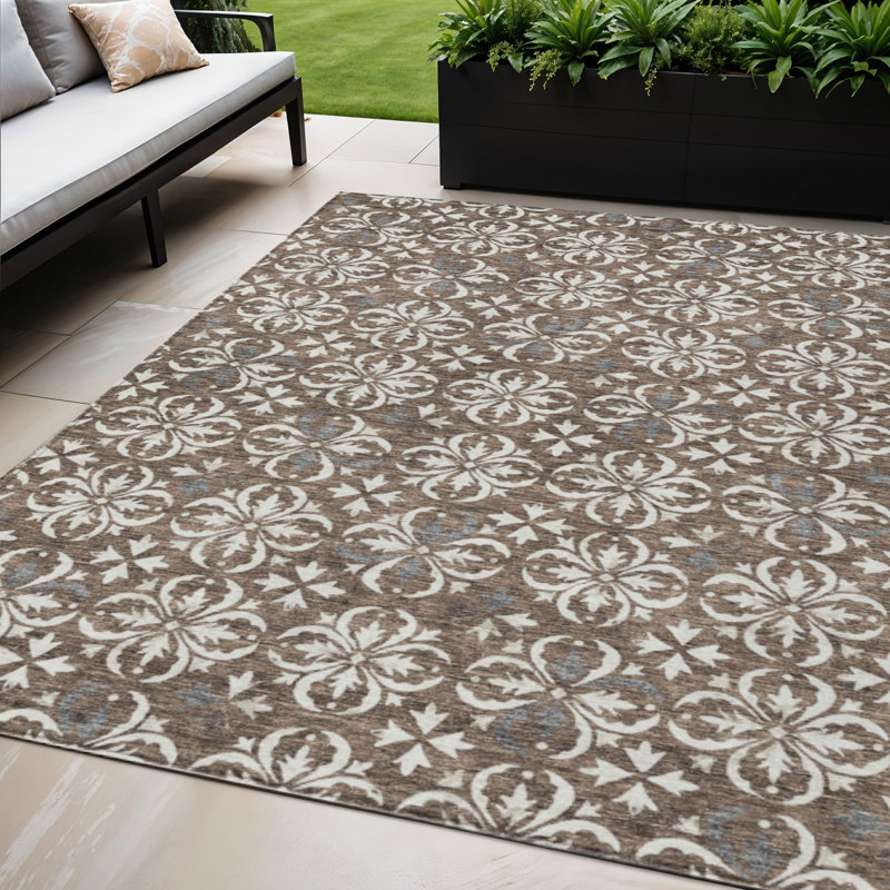 Tapis d'intérieur floral lavable d'intérieur 5 pi x 8 pi brun