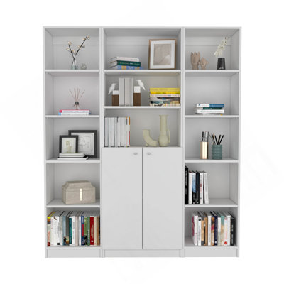 Ensemble de bibliothèque 3 pièces June, 60 po de large avec 13 tablettes et 2 portes, ensemble de salon blanc