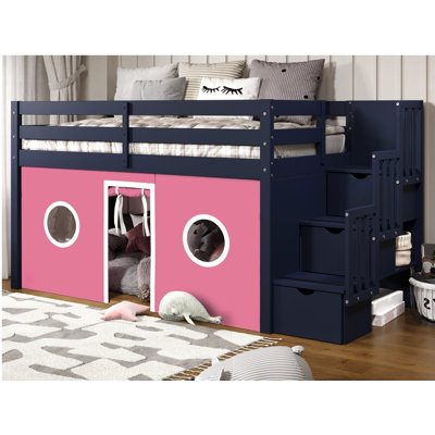 Johannes Solid Wood Twin Low Loft Bed with 3 Step-Stairway and Tent