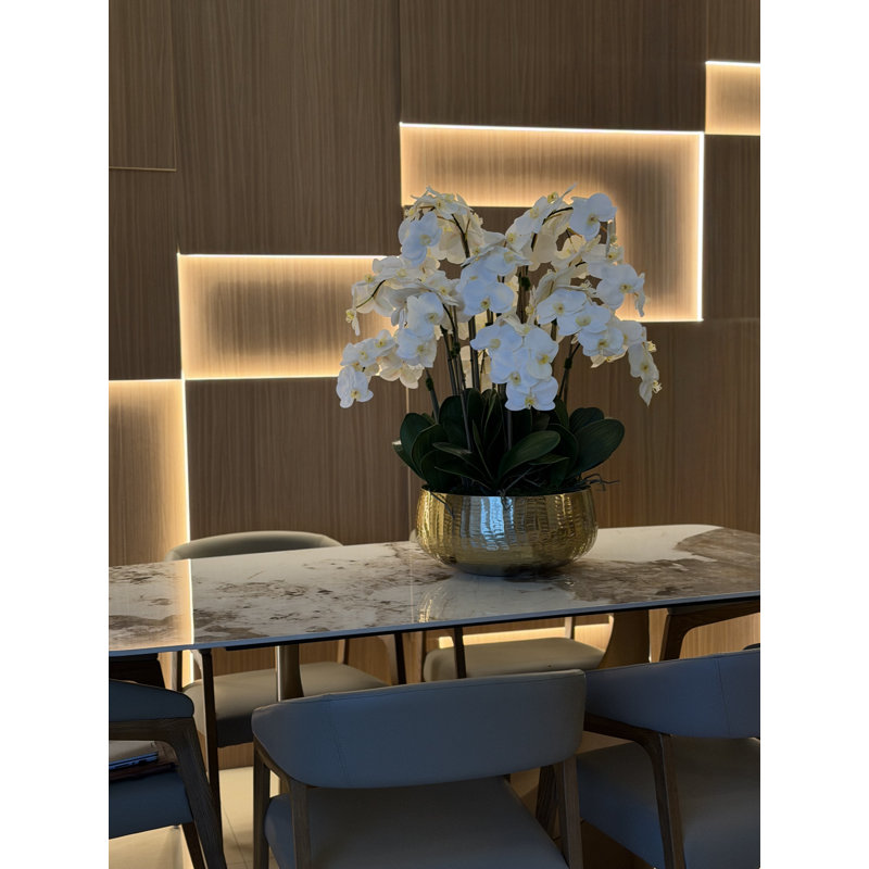 Roberi bowl with multiple stems of white Phalaenopsis orchids, Pink, 38" H x 22" W x 22" D