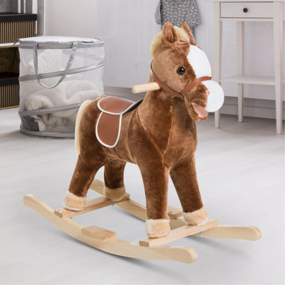 Qaba Kids Ride On Rocking Horse Toddler Plush Toy With Realistic Sounds For 3 Years Old Children - Brown