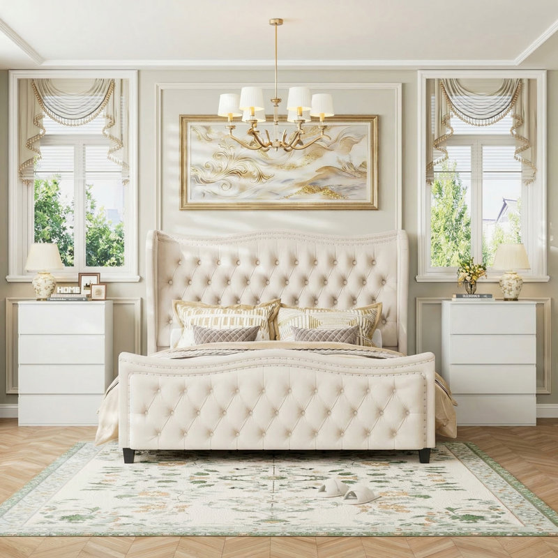 3-Piece Bedroom Sets, Tufted Velvet Upholstered Wingback Bed & 2-Piece 4-Drawer Nightstands, Cream White, White, Queen