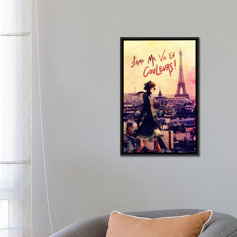 «Parisian Walk», impression sur toile, H 26 po x l 18 po x P 1,5 po, Toile avec cadre noir, Pas de tapis