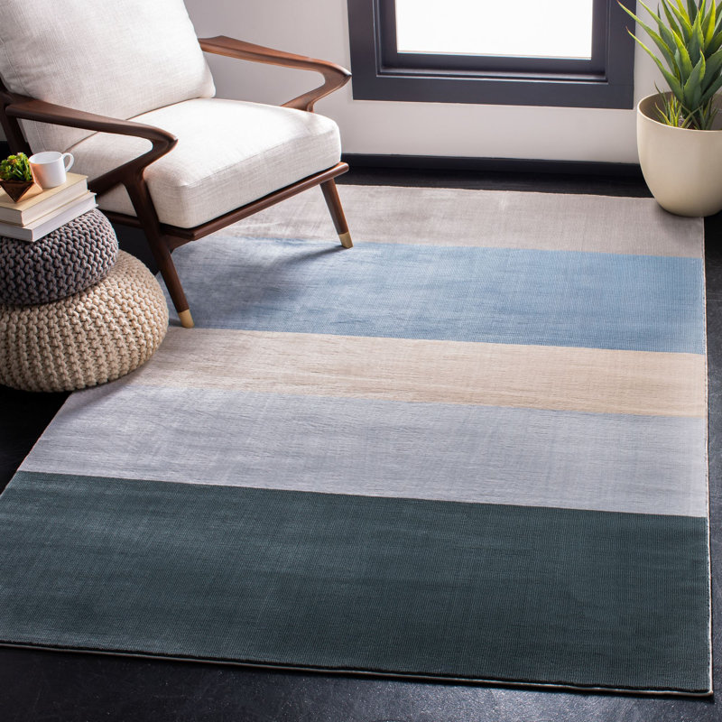 Aslin Striped Blue/Gray Area Rug, Rectangle 5'3" x 7'7"