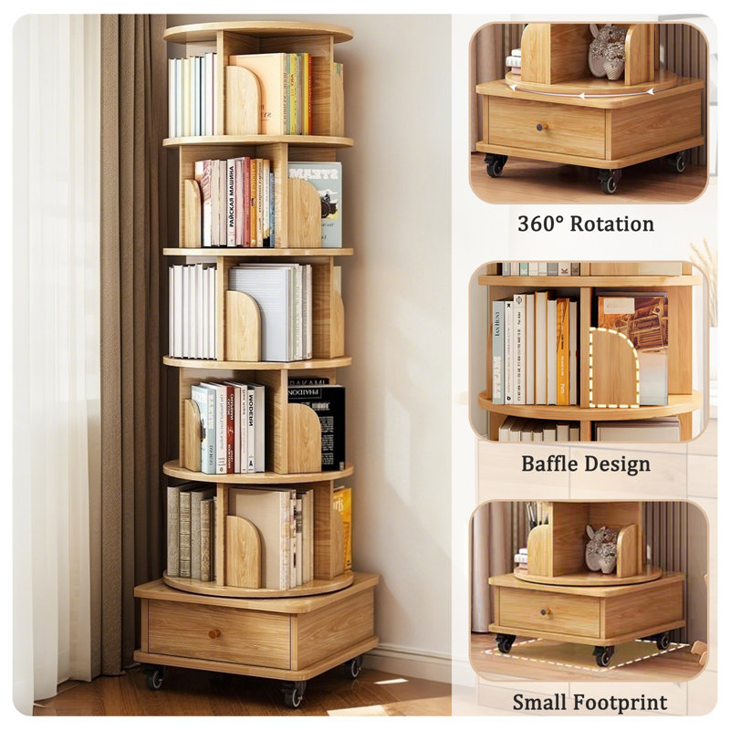 Rotating Bookshelf, Brown, (6 Shelves) 68.2"H x 18.2"W x 18.2"D