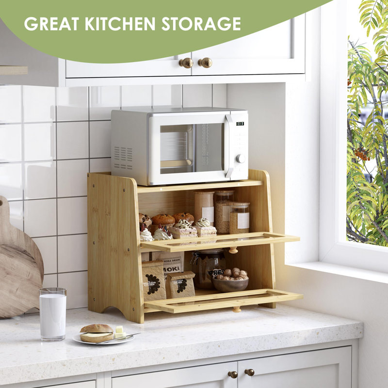 Double Layer Bread Box For Kitchen Countertop, Large Breadbox Bread Container Storage With Windows(Natural Bamboo)