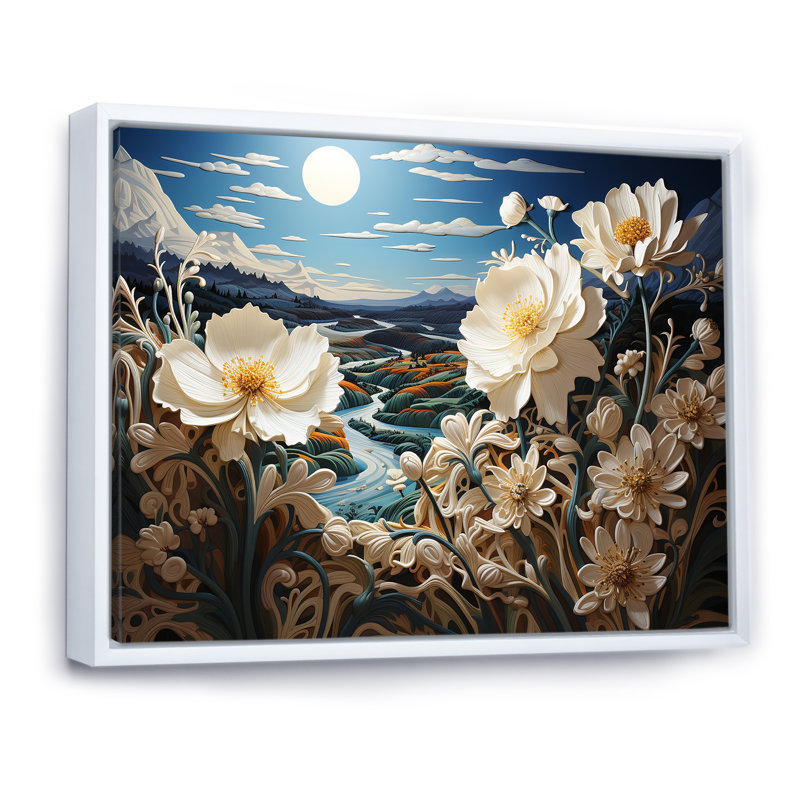 «White Crimson Bloom Garden Serenade», reproduction sur toile, Cadre flottant blanc, H 30 po x l 40 po x P 0,5 po