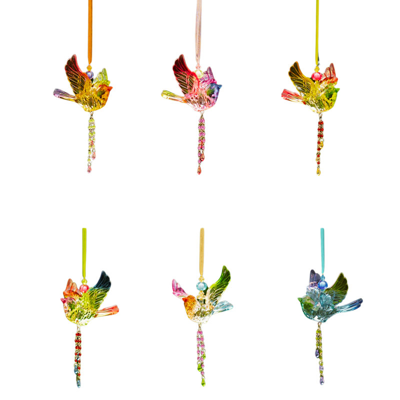 Ensemble de 6 ornements suspendus en acrylique mésange avec pampille perlée, H 7,8 po x l 4,8 po x P 5,6 po