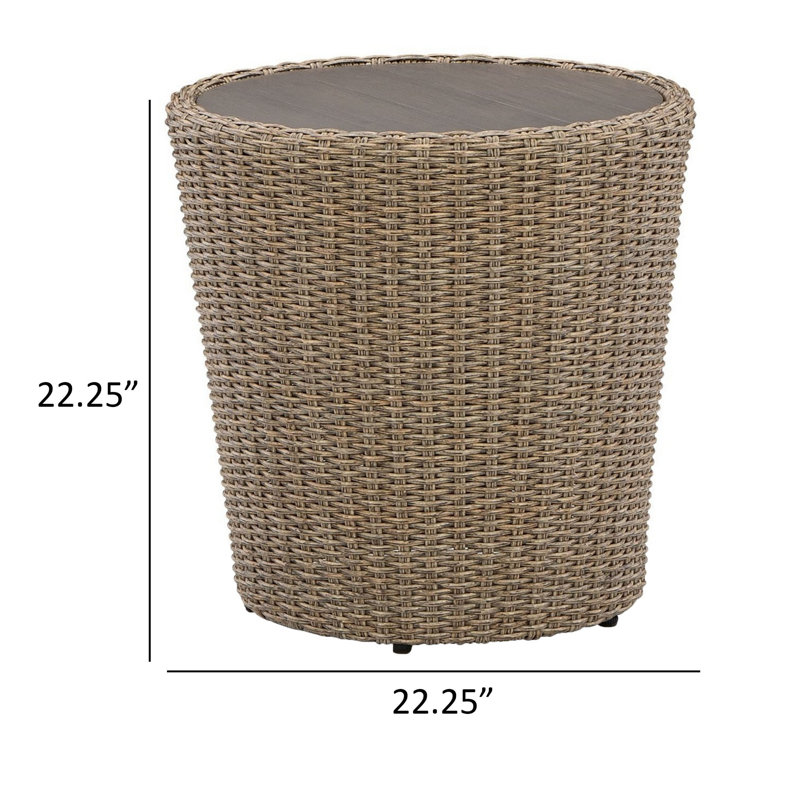Table de bout d'extérieur 22 po Ineshia, forme ronde, résine tressée à la main, brun beige