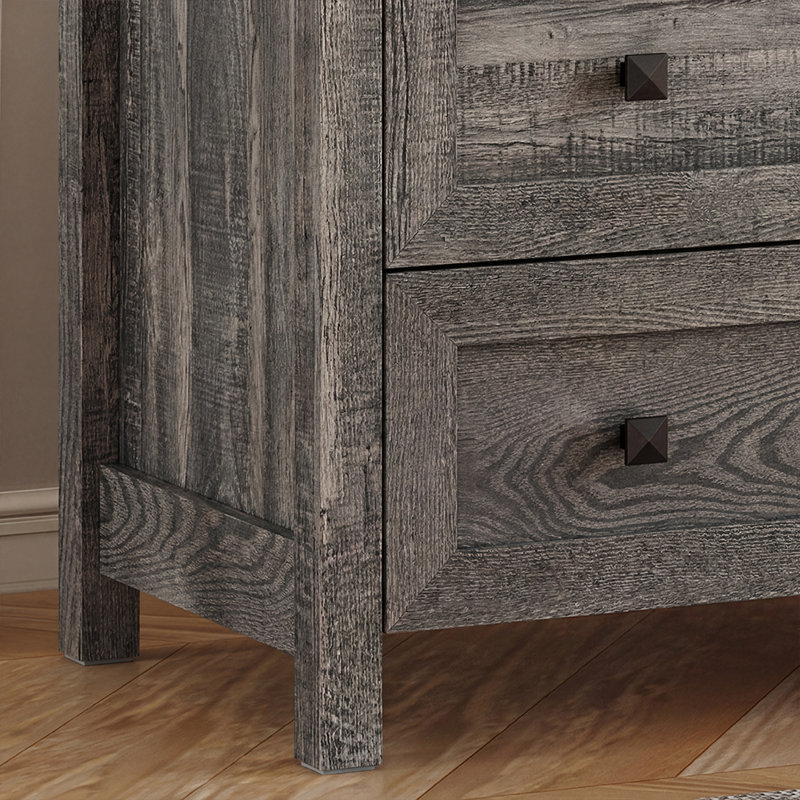 Commode double à 6 tiroirs Jaretssi l 42,7 pi, commode avec poignée carrée en métal, Chêne rustique foncé / noir / robuste