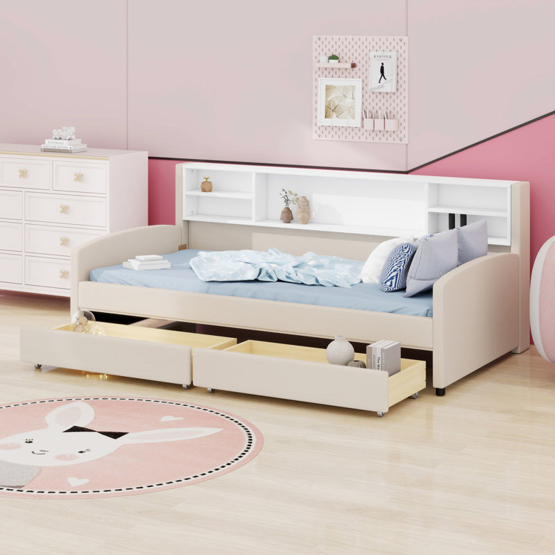 Lit plateforme tapissier avec rangement et tiroirs