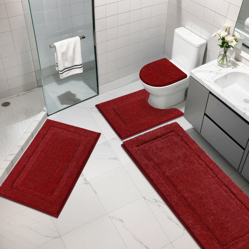 Ensemble de tapis de bain en microfibre 4 pièces avec envers antidérapant, Rouge