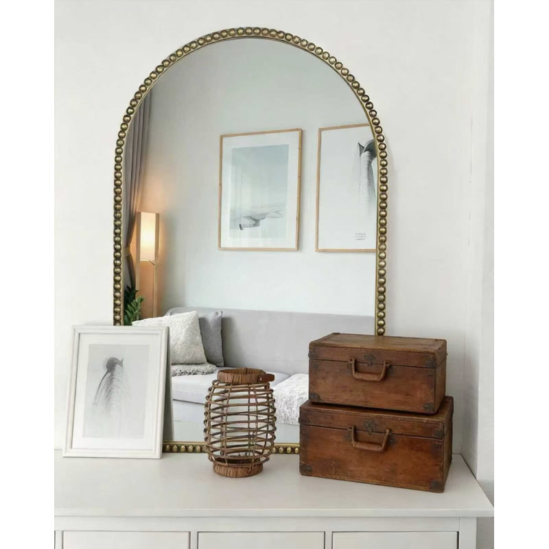Arched Wall Mirror 24" X 36",Antique Gold Metal Beaded Frame, 36" x 24"