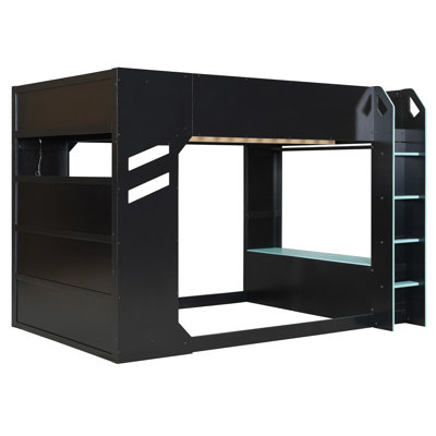 Lit mezzanine double en bois avec bureau réglable, tiroirs, rangement et lumières RVB, bleu