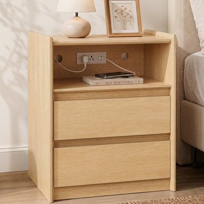 Modern 20" Nightstand with Charging Station, 2 Drawers and Open Shelf