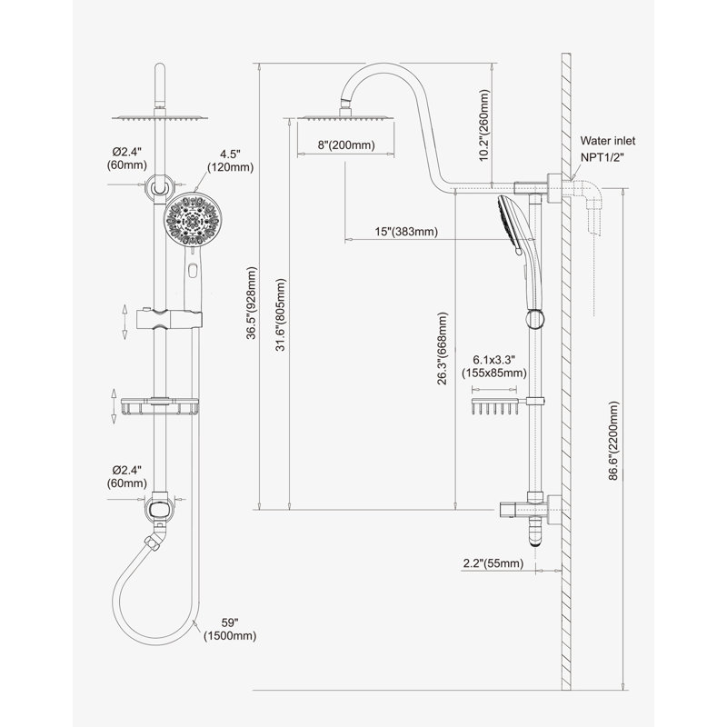 Shower System with 8" Rain Showerhead, 8-Function Hand Shower, Adjustable Slide Bar and Soap Dish, Brushed Nickel