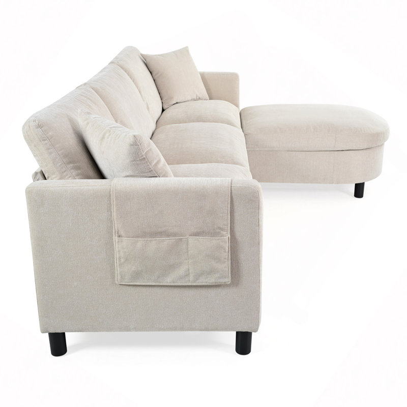 Canapé d'angle 107,87 po avec pouf, coussins d'assise et de dossier amovibles, Beige Polyester, Beige