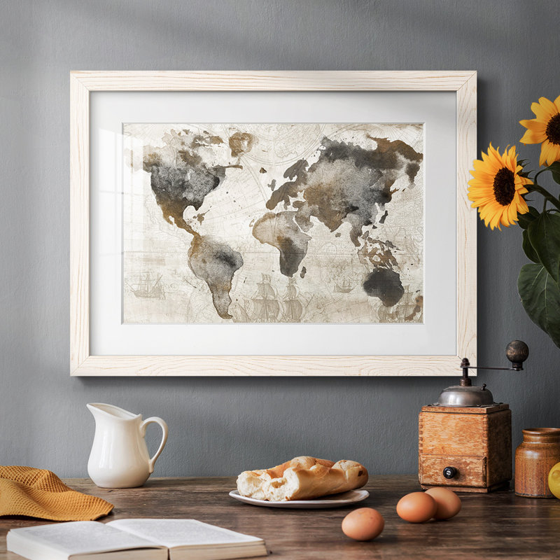 Carte antique encadrée sur papier, Blanc, H 26 po x l 38 po x P 1,5 po