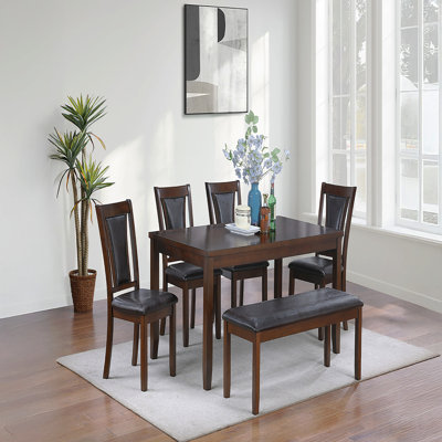 Beautiful Dining Room Furniture Walnut / Black 6Pcs Set Dining Table 4 X Side Dining Chairs Bench Unique Design Back Chair