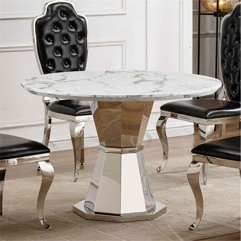 Table de salle à manger ronde en marbre, table de cuisine moderne avec plateau en faux marbre ultrabrillant et base en acier inoxydable pour la salle à manger, cuisine (table seulement)