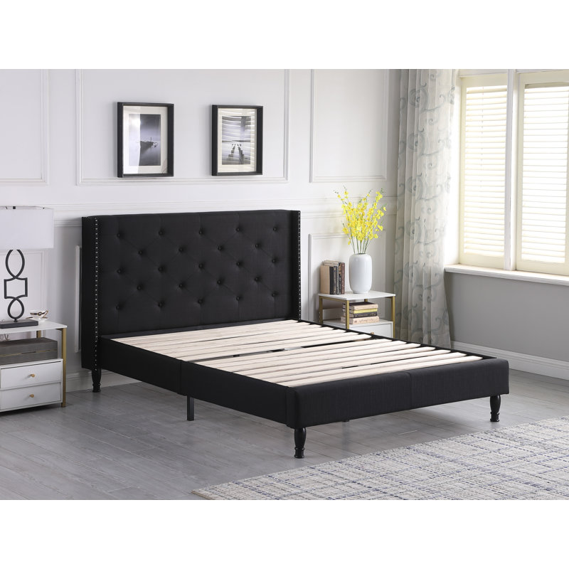 Upholstered Wingback Bed, Black, Queen
