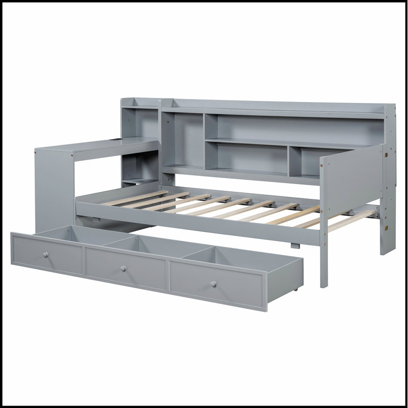 Lit de jour en bois avec 3 tiroirs, ports USB et bureau intégré pour les chambres modernes, Gris, Lit simple