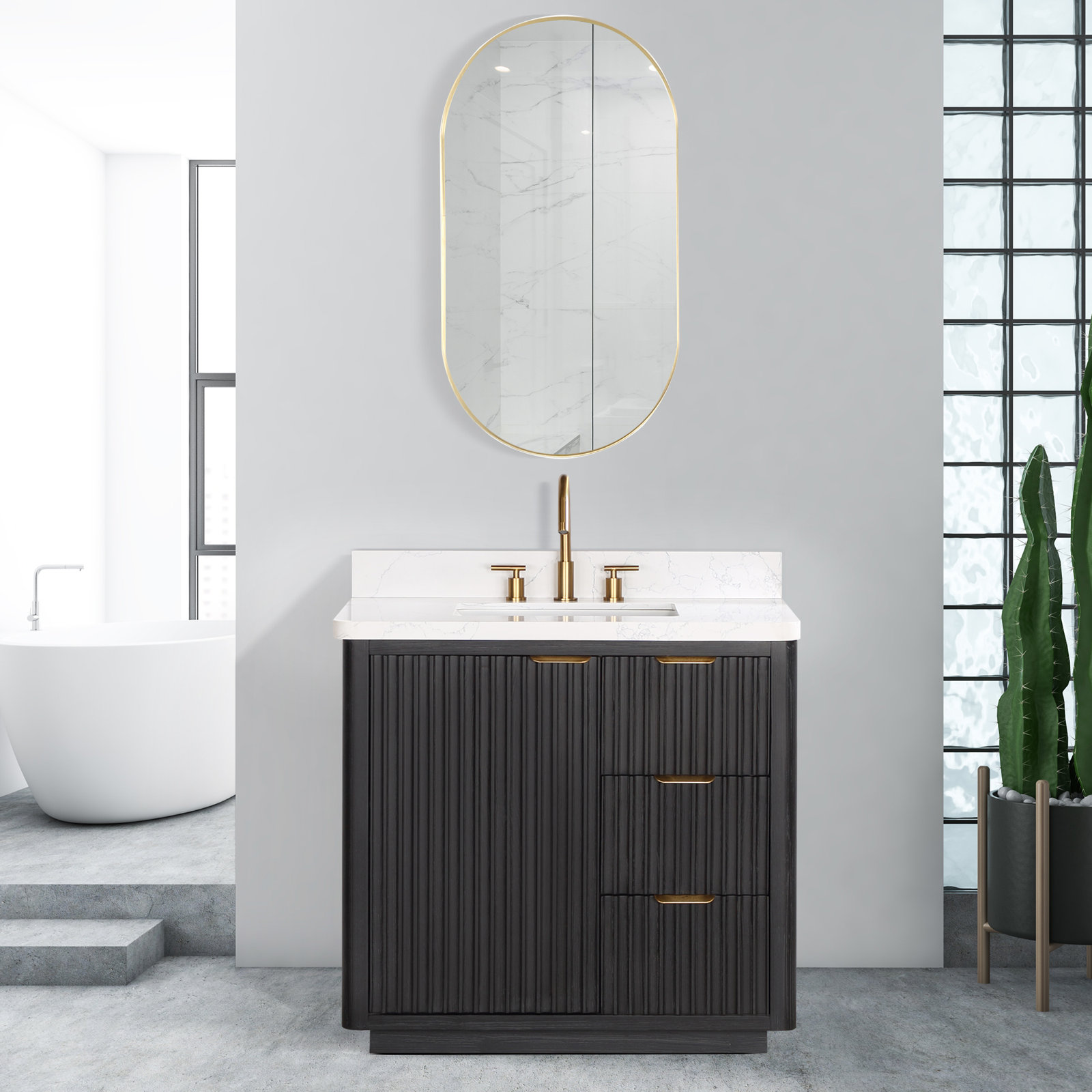 Adela 36'' Single Bathroom Vanity, Black, White, Gold