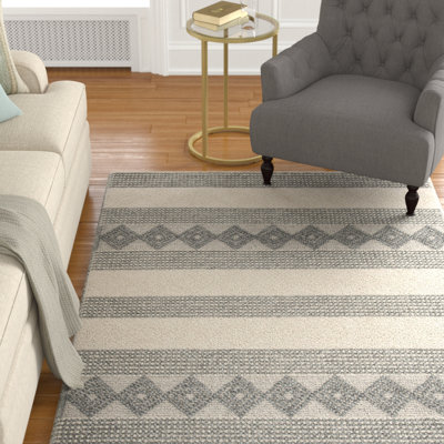 Tapis en laine / coton tissé à la main jacquard en ivoire / gris jacques