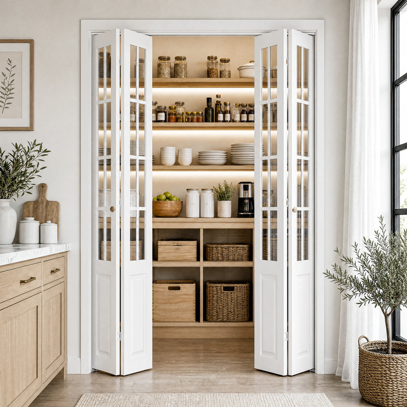 8-Lite Clear Glass and Solid Manufactured Wood Double Bi-Fold Doors with Installation Hardware Kit, 60" x 80"