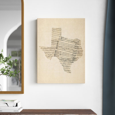 «Old Part Music Map of Texas» par Michael Tompsett, reproduction d'art graphique sur toile