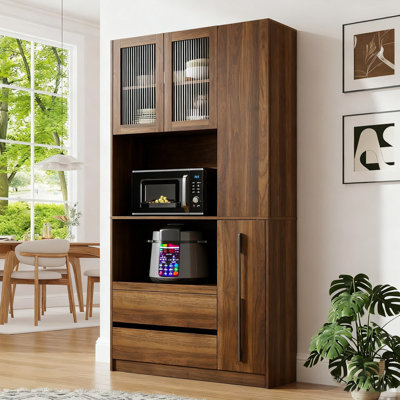 70.87" Kitchen Pantry Cabinet With Pull-Out Shelves & Glass Door – Freestanding Storage Hutch With 2 Drawers, 4-Tier Side Rack & Microwave Space For Kitchen, Dining Room