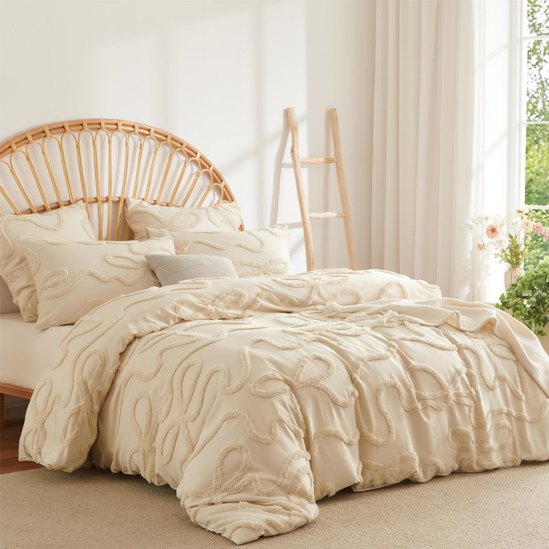 Princess Style Bowknot Tufted Duvet Cover Boho Soft Jacquard Embroidery Shabby Chic Washed Microfiber Bedding Set