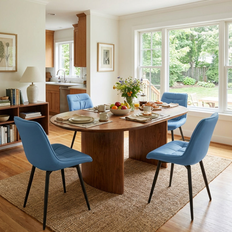 Modern Upholstered Back Dining Chair Armless Side Chair With Metal Legs, Blue