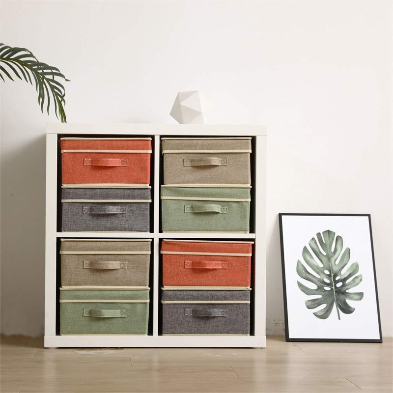 Small 4 Pack Fabric Stroage Box With Lids, Linen Foldable Stroage Box With Lids 4 Color Set 12.4In/12In/6.7In