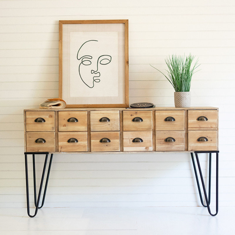 Brown Mid-Century Light Wood Console Table with Iron Legs