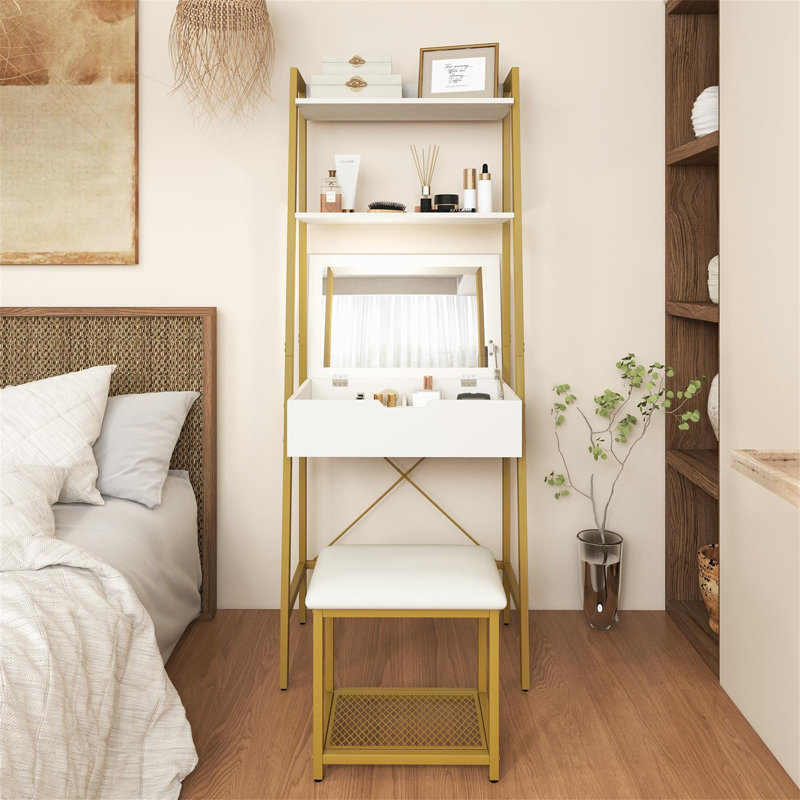 Dressing Table with Mirror, Gold / White
