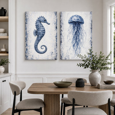 «Blue Seahorse and Jellyfish Coastal», impression sur toile encadrée, impression sur toile, 2 pièces