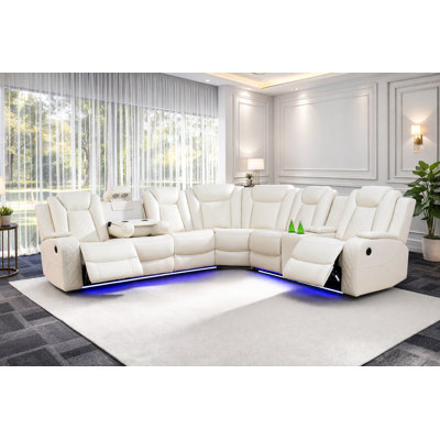 3-Pieces 210" Breathing Leather Power Reclining Theater Sectional with Wireless Chargers and LED Lighting