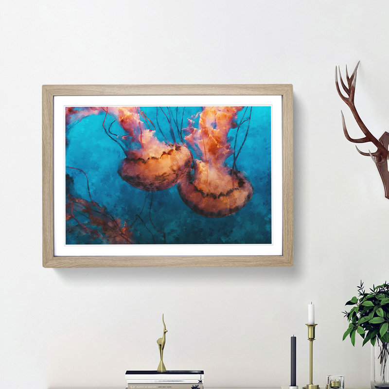 Pink Jellyfish - Picture Frame Painting Print, Oak Framed, 62cm H x 87cm W x 2cm D