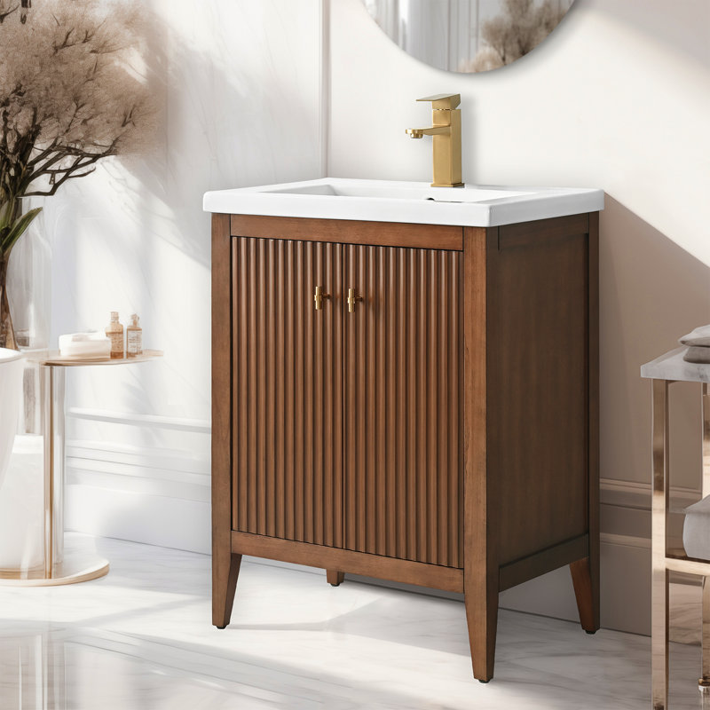 Meuble-lavabo simple pour la salle de bain avec plateau en céramique, Noyer linéaire, Doré brossé, 24"