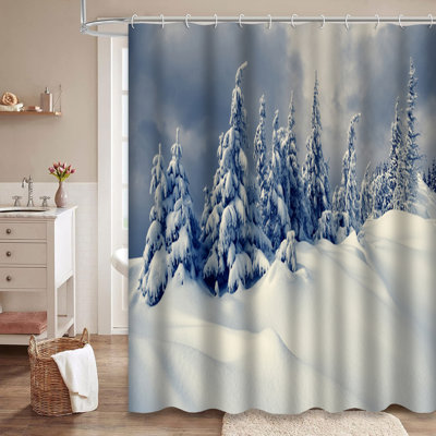 Beautiful Winter Snow Trees Christmas Scene Shower Curtain with 12 Hooks