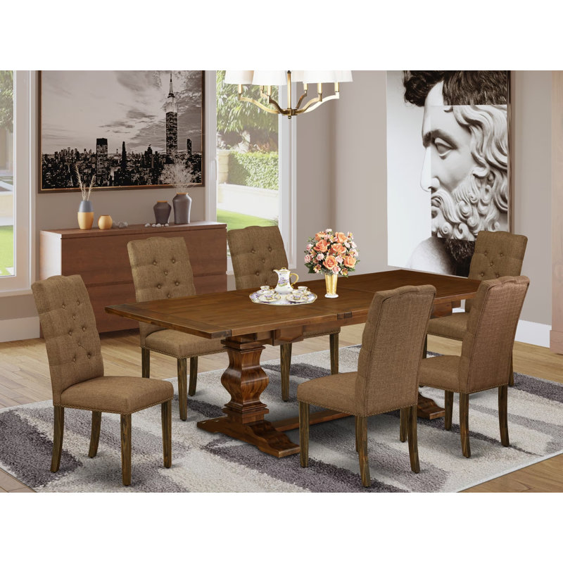7 Piece Dining Table Set consists of a Rectangle Removable Leaf Kitchen Table and 6 Brown Linen Fabric Parson Chairs, Antique Walnut