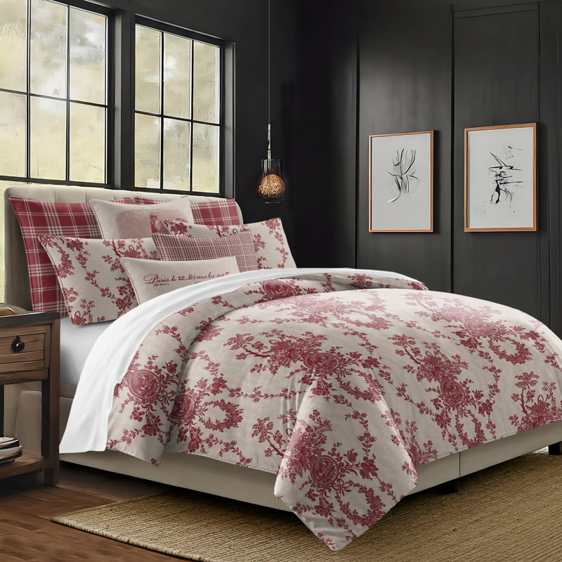 Country Lane Toile Crimson Cotton Coverlet Set  8 Piece, Super Queen Coverlet + 7 Additional Pieces