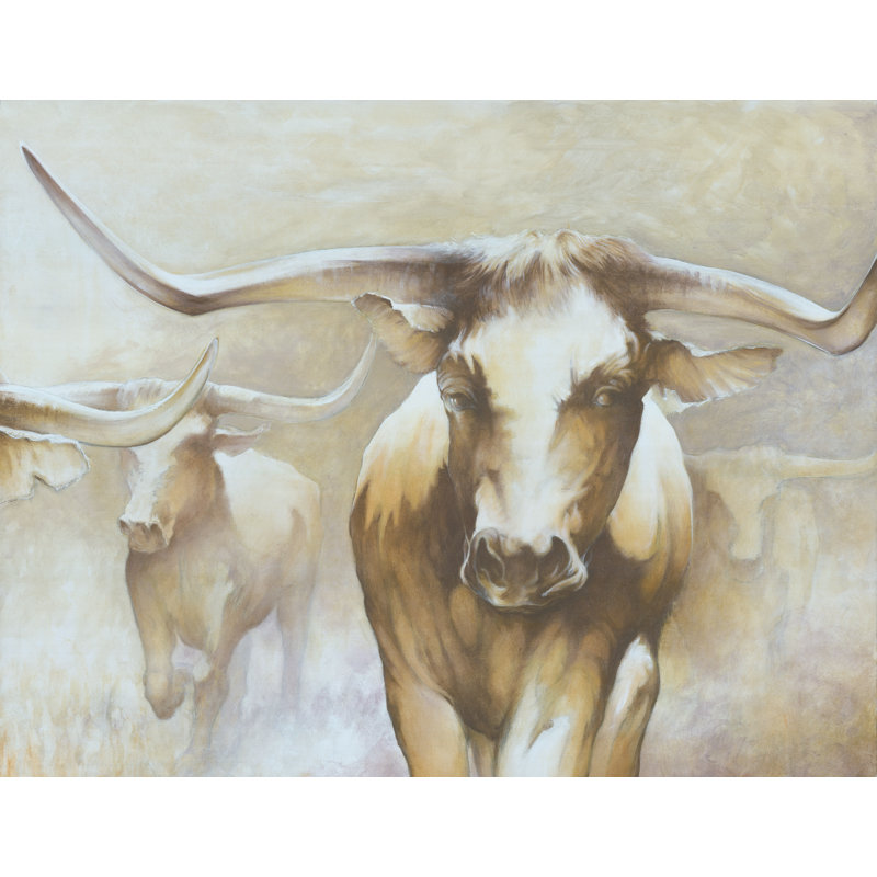 Longhorn Stampede - Painting Print, 51cm H x 76cm W, Black Floater Framed