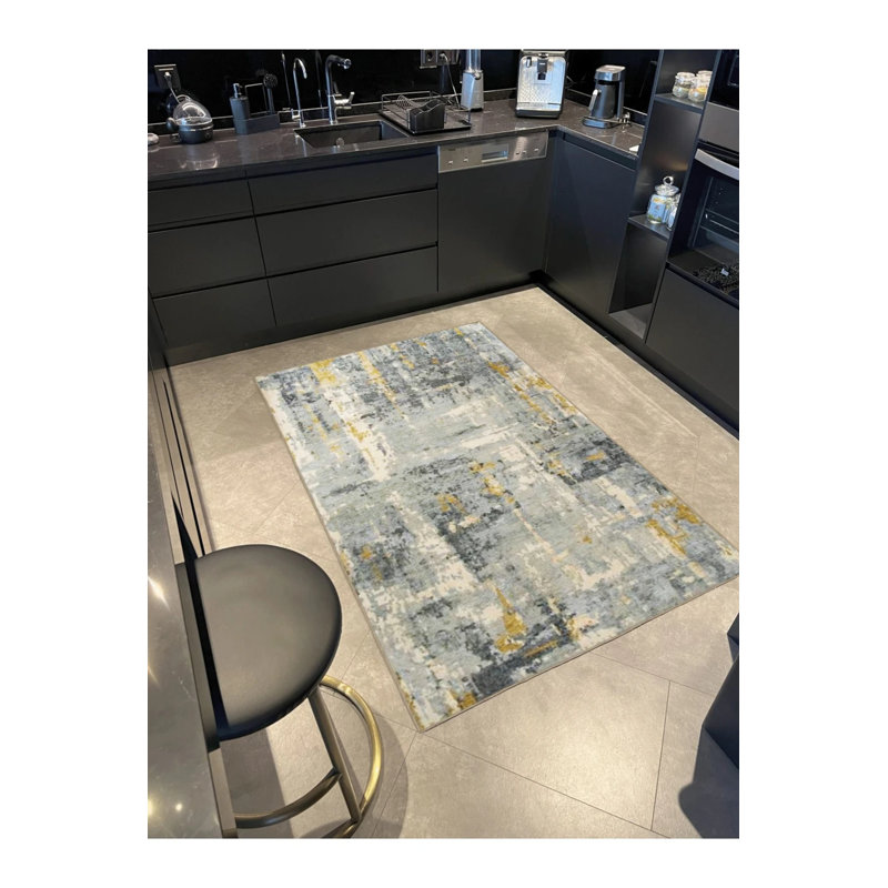 Blue Yellow Themed Abstract Patterned Creative Modern Decorative Carpet, Rectangle 3'4" x 5'